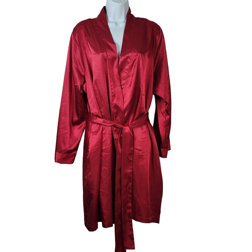 Thalia Sodi Womens Robe Red Satin L XL Belted Short Pockets Long Sleeve Kimono